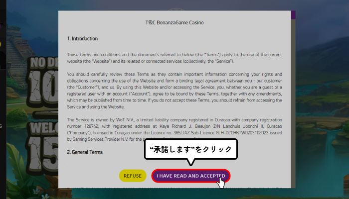 ボナンザゲーム入金不要ボーナス受取方法(利用規約同意画面)