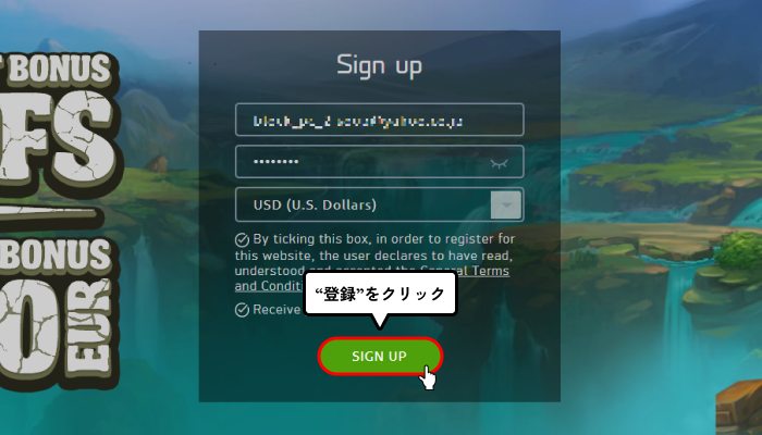 ボナンザゲーム入金不要ボーナス受取方法(入力完了画面)