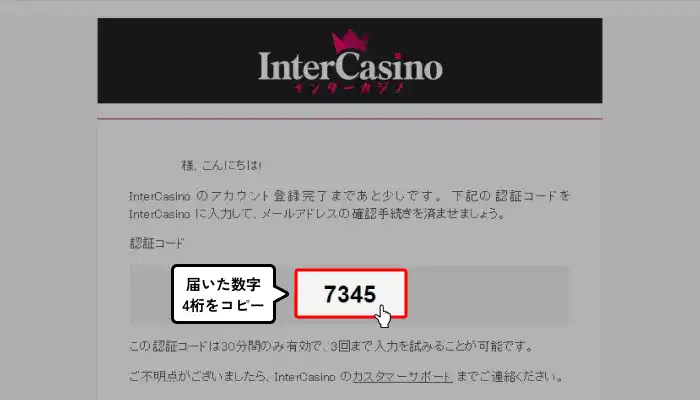 インターカジノ入金不要ボーナス受け取り方(メールアドレス認証コード画面)
