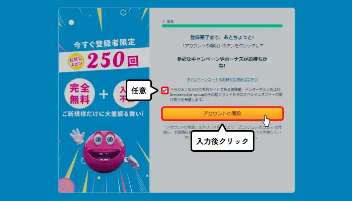 ベラジョンカジノ入金不要受け取り方法(入力完了)